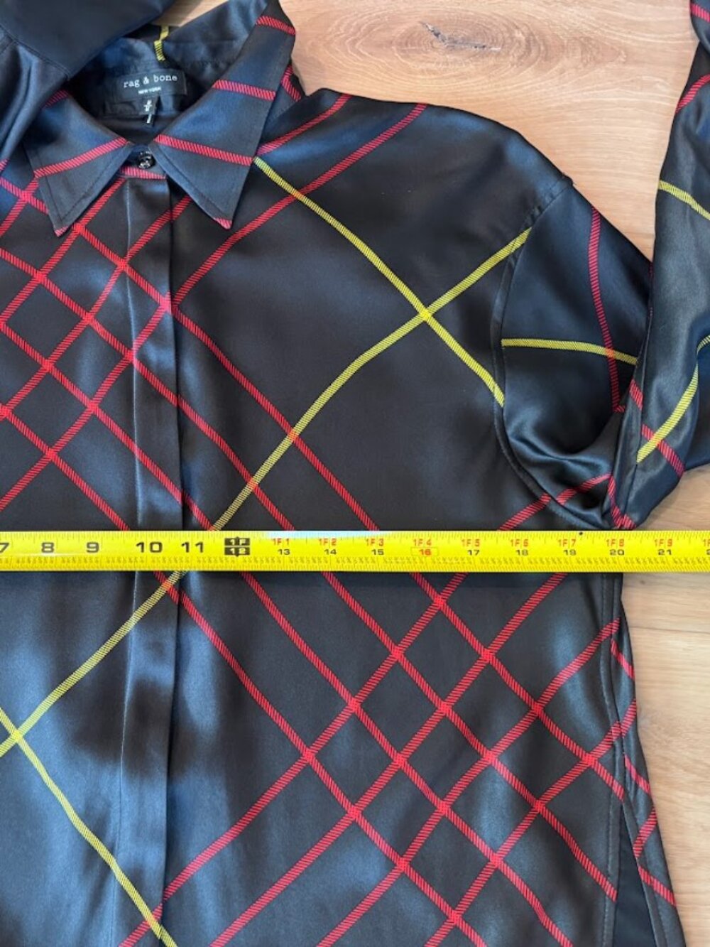NWOT Rag & Bone Edith 100% Silk Satin Windowpane Plaid Button Blouse Black Red M